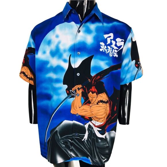 Vintage 80s Anime Japanese Samurai Double-Sided Button-Down Shirt L/XL DTEK - Picture 1 of 6